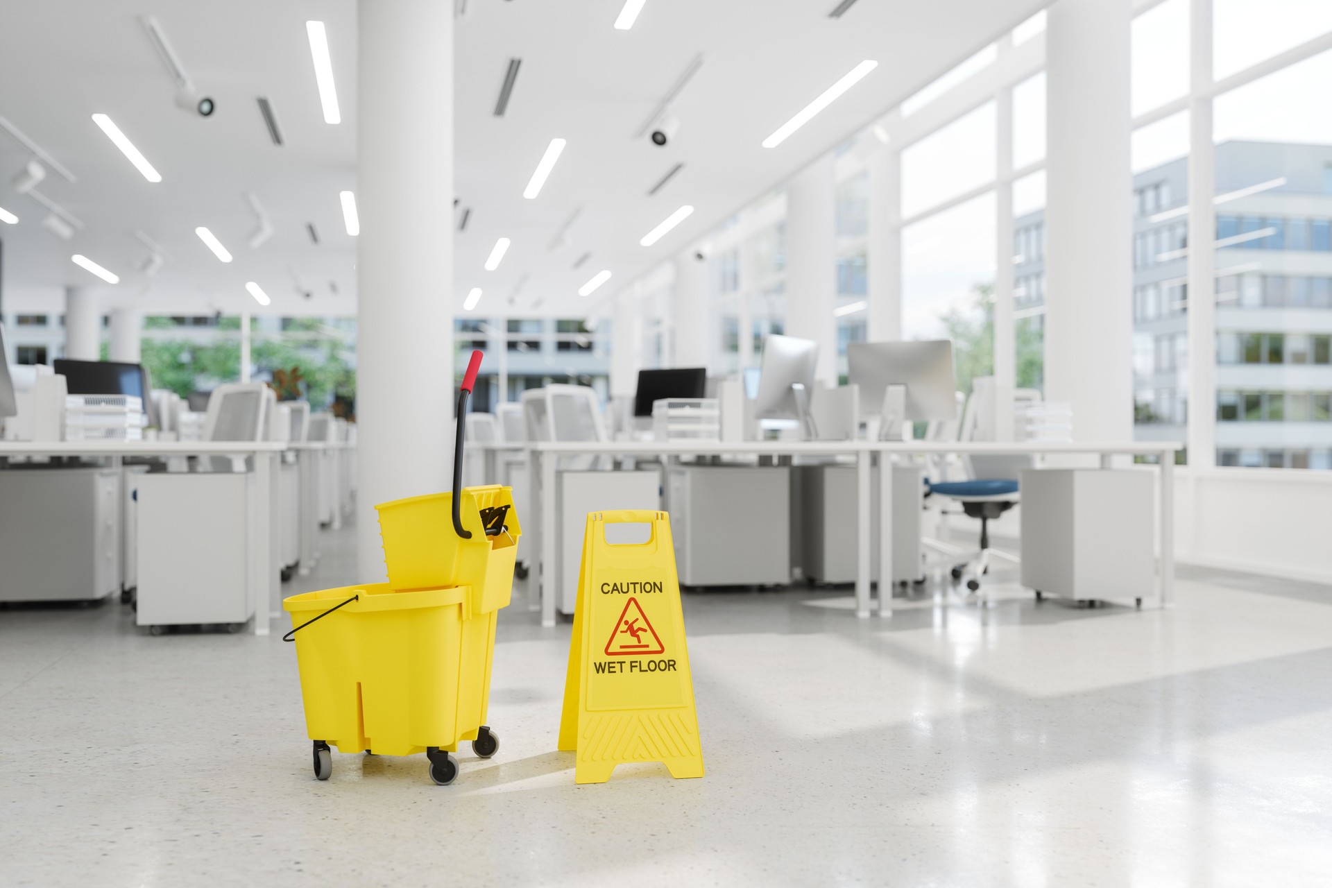 Close-up View Of Wet Floor Caution Sign And Bucket On Slippery Tile Floor In Open Plan Office With Blurred Background