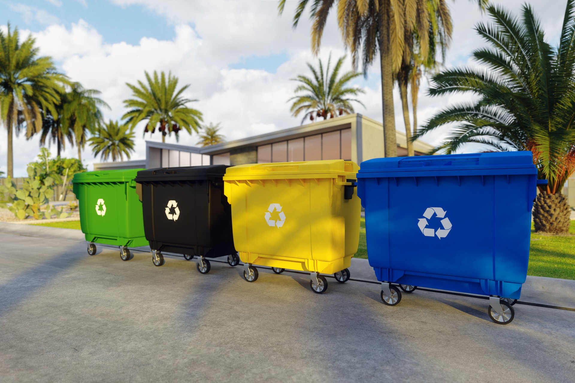 Waste Management Concept With Close-up View Of Recycle Bins On The Street